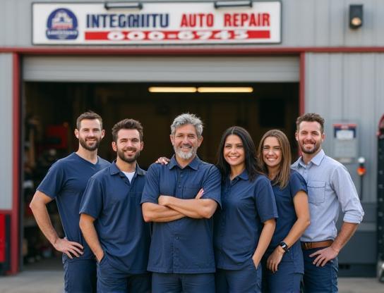 Friendly auto technicians and owner in front of Integrity Auto Repair shop